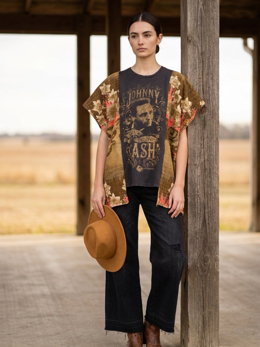 Handcrafted Upcycled Johnny Cash Kantha Tunic NWT One Size